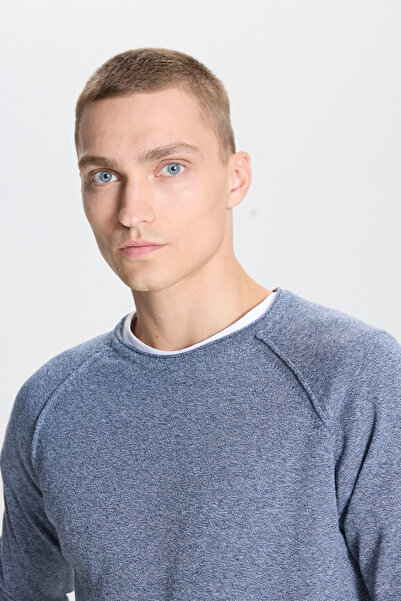 AC&Co / Altınyıldız Classics Pulover din bumbac cu model Muline, croială normală, guler rotund, fit standard, indigo-ecru