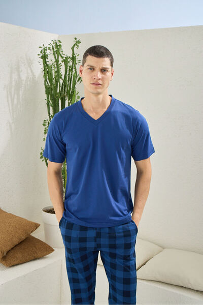 KLY 100% Cotton Men's Plus Size V-Neck Pajama Set Stylish Design
