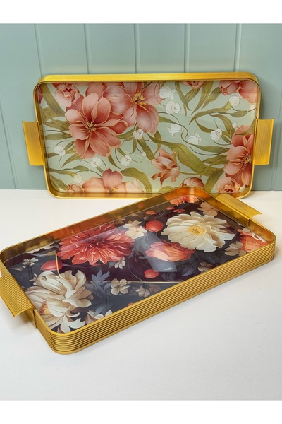 dunyazuccaciye 6 Kişilik Metal Kulplu Cam Tepsi (Koyu renk)