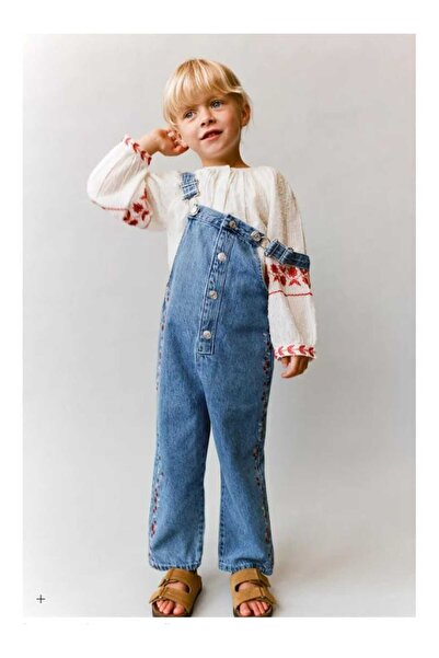 yns coolstar Flower Embroidered Cotton Single Denim Salopet Bahçivan Adjustable Strap