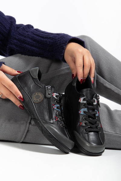 CANİLH Genuine Leather Soft Sole Women's Black Gray Sneaker Casual Sports Shoes