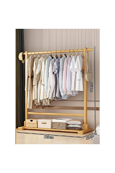 KEKE علاقة معاطف بسيطة من الخشب الطبيعي مع خطافات جانبية، قضيب سميك ورف، قائمة بذاتها 120×163×40 سم