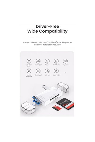 Fabrilux 6-in-1 Multifunctional Hub - Card Reader / USB / Type-C / OTG / TF / SD (White)