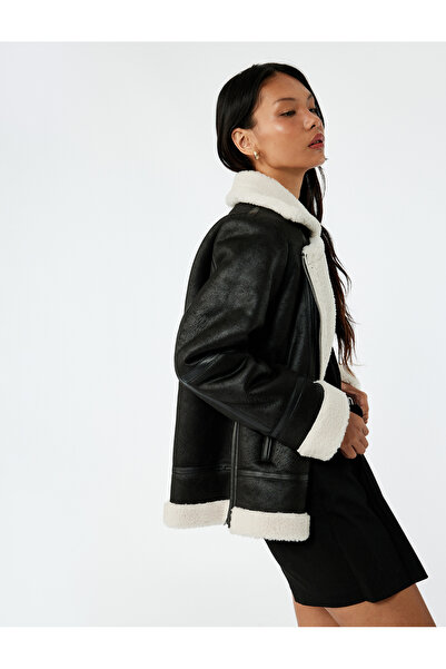 Koton Jachetă de motociclist aspect de piele cu buzunare și fermoar din blană artificială