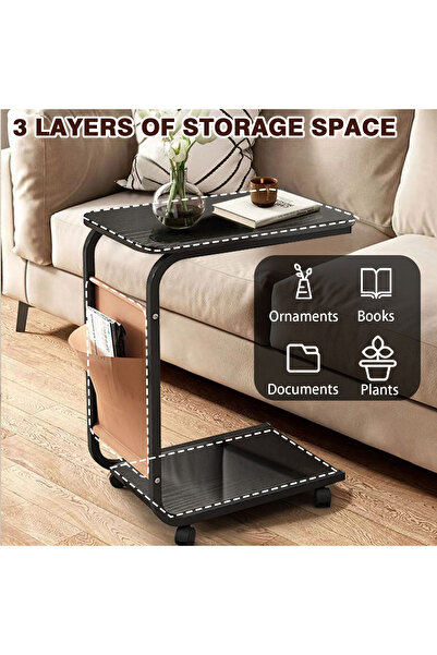 CHOIWIN 【C-Shaped Mobile Side Table with Wheels】3-Layer Storage Rolling Sofa Side Table– End Table