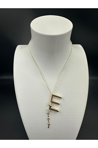 staınless steel Altın Rengi E Harfi Yıldız ve Taş Detaylı Çelik Kolye