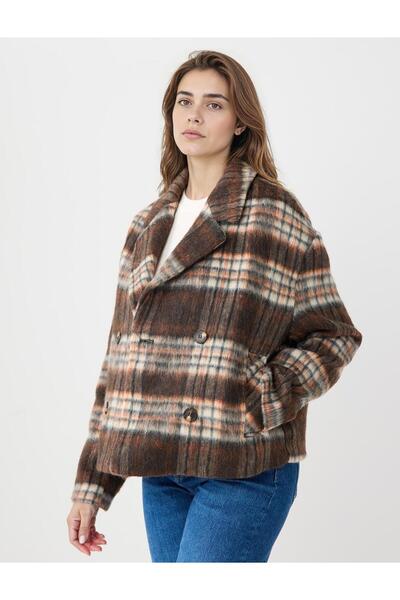 Jimmy Key Πορτοκαλί παλτό διπλό πέτο με καρό σχέδιο από μαλλί με καστανόχρωμο μείγμα