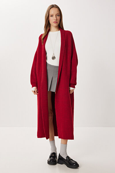 Lovelyİstanbul Soft Textured Long Knitwear Cardigan Lns0075 Bordo