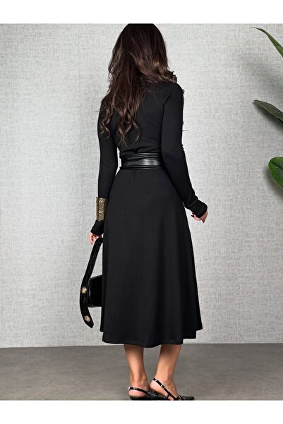 Meleners Women's Long Sleeve Collared Waist Belted Leather Detail Slit Midi Viscose Two Thread Dress