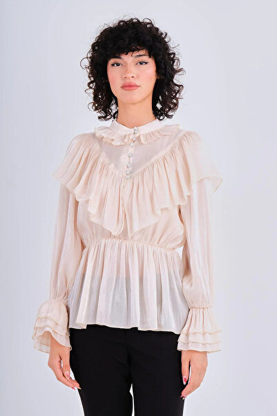 Lila Rose Volanlı Kristal Düğmeli Organze Bluz