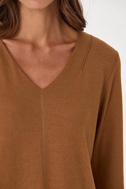 İKİLER Plus Size V-Neck Long Sleeve Soft Blouse