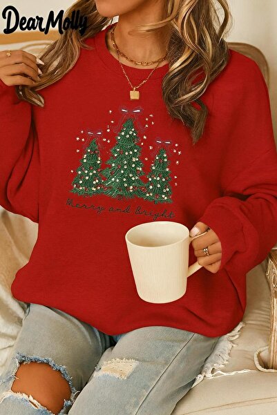FAVORİST Christmas Pine Tree Printed Sweatshirt