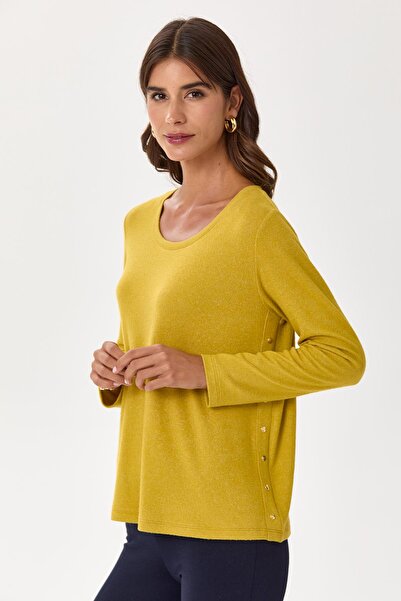 İKİLER Plus Size Round Neck Soft Blouse with Snap Detail on the Side