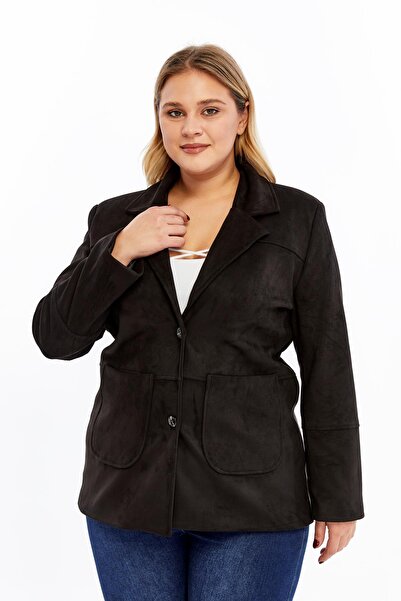 RMG Women's Plus Size Suede Jacket with Pocket Detail Black