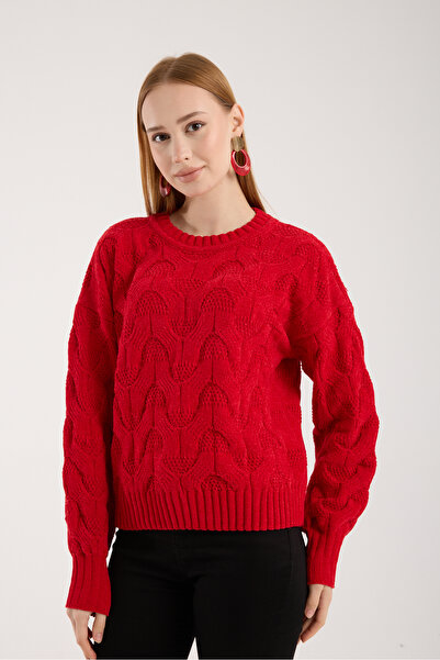 Moda Days Women's Red Chenille Velvet Hair Knit Patterned Crew Neck Knitwear Sweater