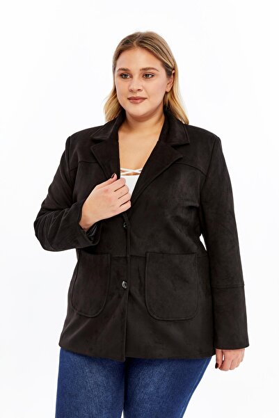 RMG Women's Plus Size Suede Jacket with Pocket Detail Black