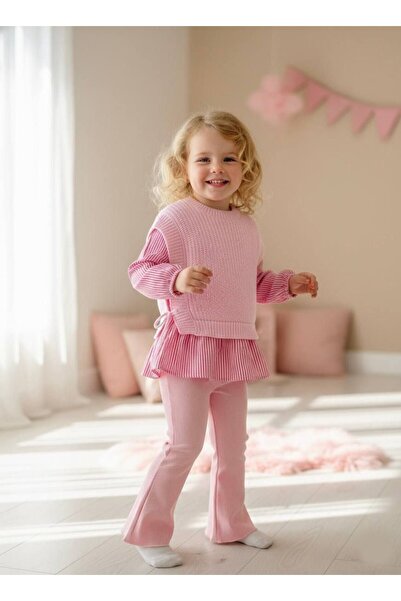 NOBLEKIDS طقم ملابس بتفاصيل كشكشة وردية - قطعة علوية من قماش محبوك وقميص + سر...