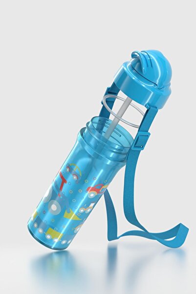 Renga Migo Car Patterned 300 ml Pp Baby Water Bottle with Strap and Straw 912013 Blue