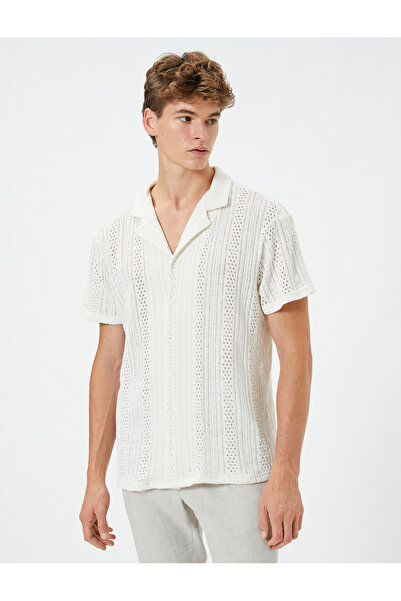Koton Oversized Shirt Short-Sleeve Turn-Down Collar Lace-Like Knit