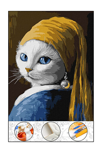 abbara Sayılarla Boyama Hobi Seti Çerçeveli Tuval Fırça Boya Dahil Kasnaklı 40x50 Cm İnci Küpeli Kedi