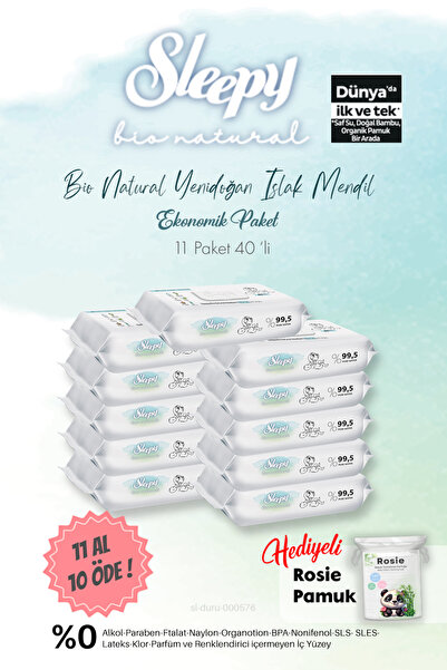 Sleepy 11 Paket Natural Yenidoğan Islak Havlu 60'lı Ve Rosie Pamuk Hediye