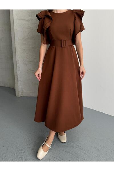 DUAS & CO فستان ميدي بتفاصيل على الكتف وأكمام مكشكشة وحزام