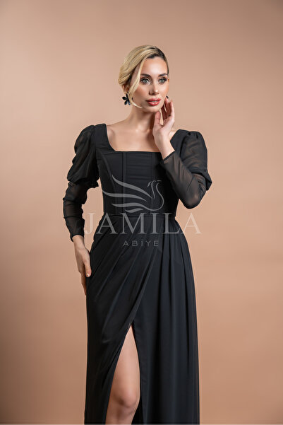 Lovely Dress Kare Yaka Uzun Kollu Kuplu Yırtmaçlı Abiye Elbise