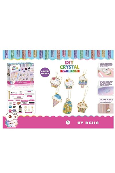 Toy Set DIY creativ cu 6 pandantive metalice, rășină UV, culori și sclipici, lanț auriu, temă desert