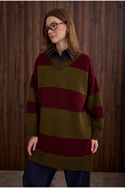 HEQA Striped V-Neck Sweater Moss-Burgundy