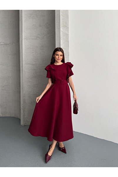 DUAS & CO فستان ميدي بتفاصيل على الكتف وأكمام مكشكشة وحزام