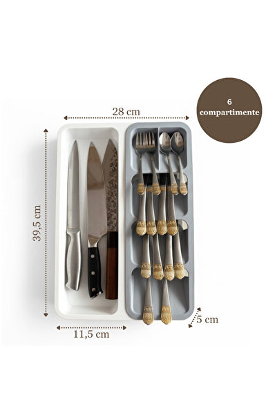 Köken Cutlery organizer for drawer, 6 compartments, drawer cutlery holder 28 x 39.5 x 5 cm, Plastic,Grey