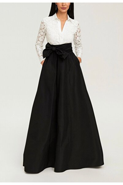 ALYEL NAKER Üstü Beyaz Dantel Kaplamalı & Eteği Siyah Tafta Maxi Gömlek Elbise