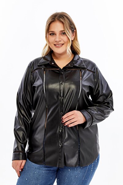 RMG Crochet Detailed Plus Size Leather Shirt Black
