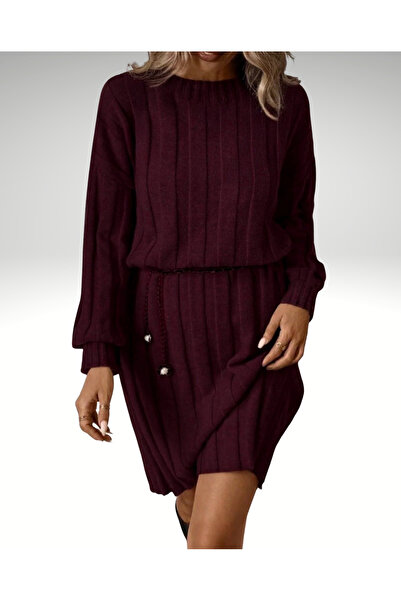 AlanTeks Crew Neck Wide Ribbed Long Sleeve Woven Detailed Knee-Length Knitwear Dress
