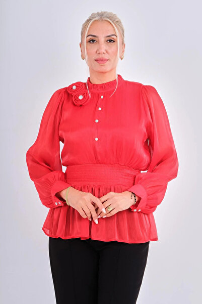 Lila Rose Beli Gipeli Gül İşlemeli Organze Bluz