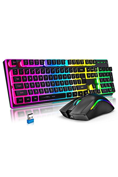 Timebox kit de gaming wireless: tastatură + mouse, RGB, 2.4 GHz, 7 moduri, 104 taste, ergonomic, negru