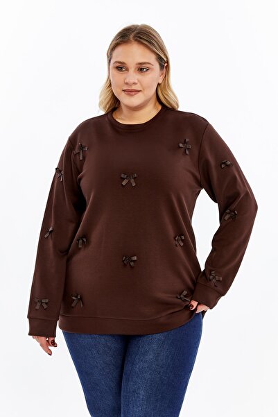 RMG Large Size Sweatshirt with Bow Detail Brown