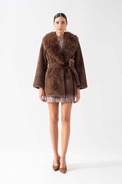 Spazio Fioravanti Şal Yaka Peluş Kuşaklı Kaban KAHVE