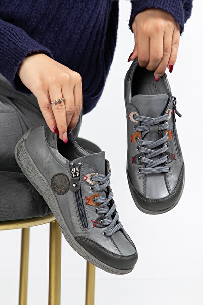 CANİLH Genuine Leather Soft Sole Women's Gray Sneaker Casual Sports Shoes