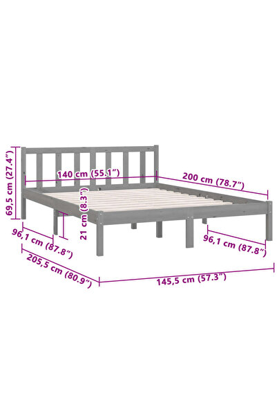 vidaxl 810084 Bed Frame without Mattress Grey Solid Wood 140x200 cm