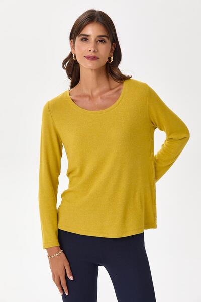 İKİLER Plus Size Round Neck Soft Blouse with Snap Detail on the Side