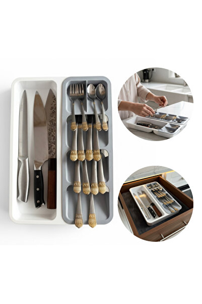 Köken Cutlery organizer for drawer, 6 compartments, drawer cutlery holder 28 x 39.5 x 5 cm, Plastic,Grey