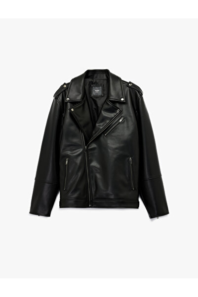 Koton Double-Breasted Faux Leather Biker Jacket with Lapel Pocket Detail and Long Sleeves
