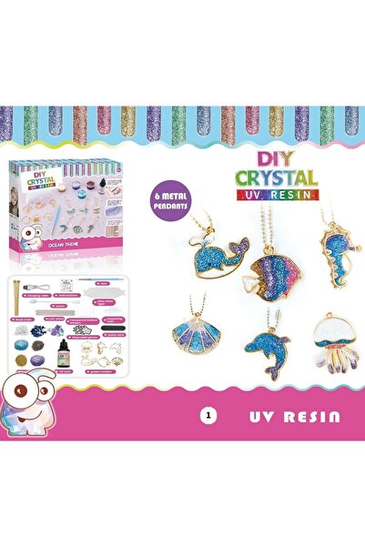 Toy Set DIY creativ cu 6 pandantive metalice, rășină UV, culori și sclipici, lanț auriu, multicolor