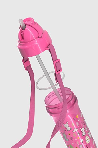 Renga Migo Rabbit Patterned 300 ml Pp Baby Water Bottle with Strap and Straw 912013 Pink
