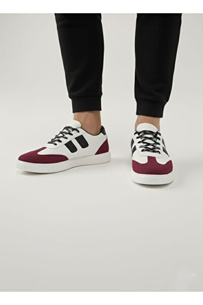 RONX White Lace-Up Burgundy Detail White Sole Comfortable Men's Sports Shoes