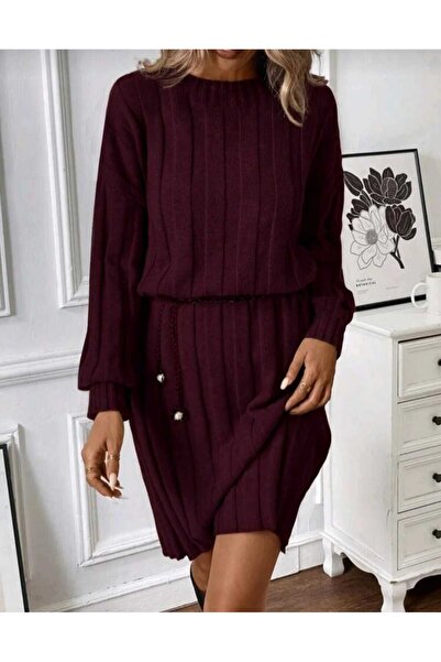 EKİN DEMİR Crew Neck Long Sleeve Wide Corded Fabric Weaving Detailed Knitwear Dress