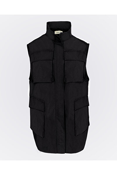 Monolou High Collar Long Vest with Pockets - Black