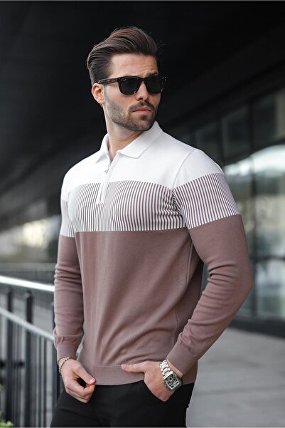 Madmext Brown Zipper Collar Color Block Long Sleeve Sweater 7262