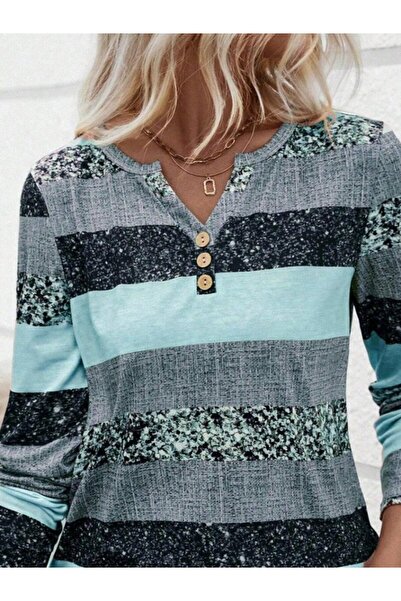 JANES Women's Long Sleeve Button down Collar Striped Pattern Single Jersey Blouse